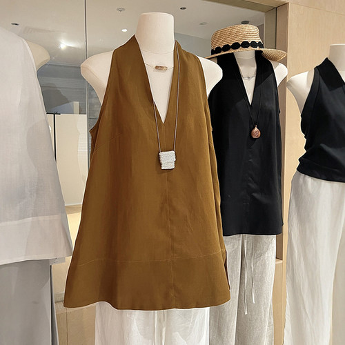 挂脖无袖衬衫亚麻天丝高级感背心