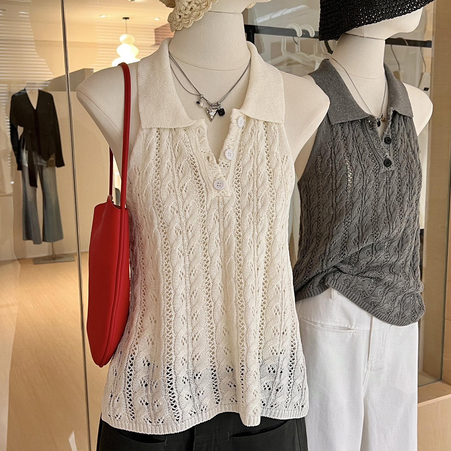 辣妹风polo领针织背心女夏季挂脖无袖露背扭结设计感麻花镂空上衣