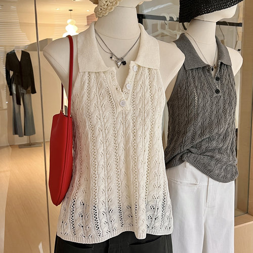 辣妹Polo领针织背心挂脖露背镂空