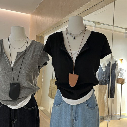 有层次假两件半拉链磨毛T恤短袖