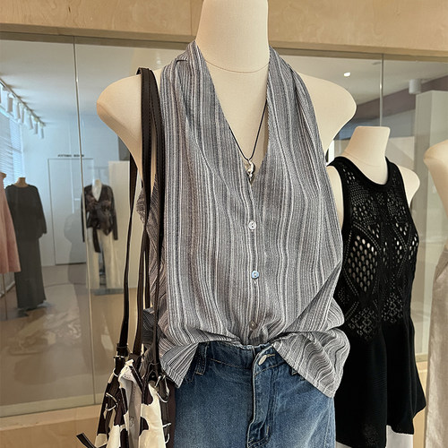 竖条纹无袖衬衫挂脖v领露肩显瘦