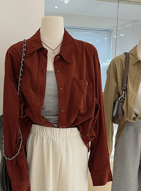 红色灯芯绒衬衫外套女秋复古叠穿宽松休闲韩系设计感小众条绒上衣