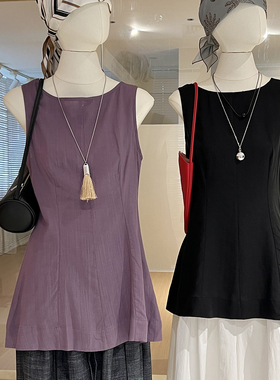 绝美露背紫色无袖衬衫女夏收腰显瘦外穿别致法式气质简约背心上衣