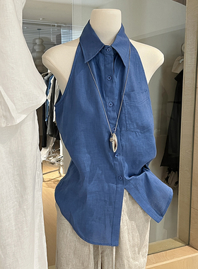 蓝色亚麻无袖衬衫女夏老钱风法式削肩背心高级感麻料气质翻领上衣
