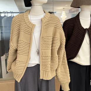 重工粗棒针毛线衣针织毛衣外套女秋冬加厚拉链宽松慵懒风开衫 上衣