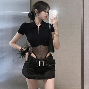 网纱拼接短款 网红性感纯欲t恤女2025夏装 显瘦修身 新款 ins上衣 个性