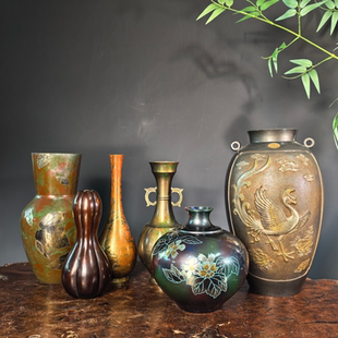 日本高冈铜器花瓶花器银象嵌轻奢古典摆件复古客厅花道装饰包邮B