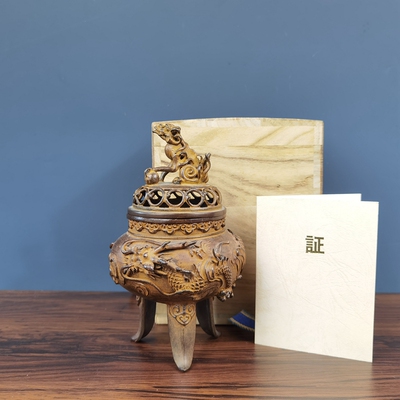 日本铜制须贺月芳雲蜡型龙纹香薰炉香炉香插茶道客厅摆件复古装饰