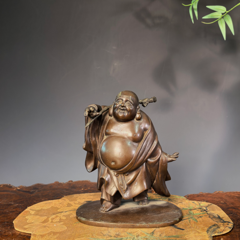 日本铜器持扇弥勒雕塑铜造像布袋和尚立像摆件佛像收藏品带款