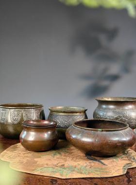 日本回流铜器浮雕福袋形建水渣斗水盂茶道用品室内摆件老物件J