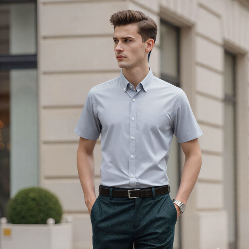 Seno纯棉灰色短袖衬衫细腻柔软80支DP免烫牛津纺修身韩版商务衬衣