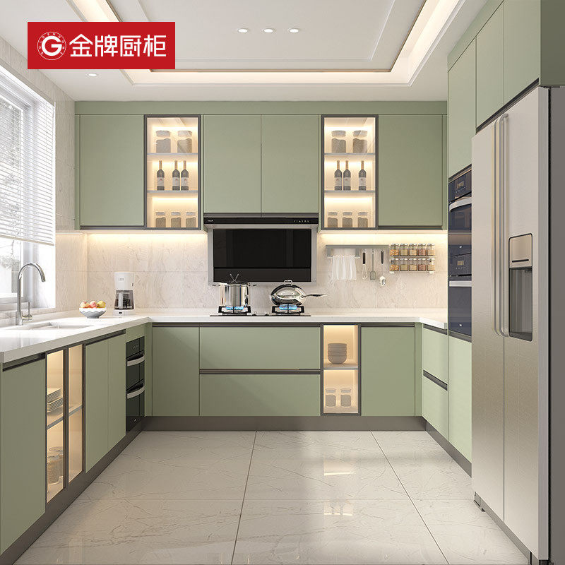 金牌厨柜整体橱柜定制厨房一体灶台柜石英石台面家用柜子