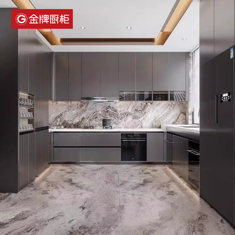 金牌厨柜整体厨房橱柜定制石英石台面一体开放式灶台柜家用装修