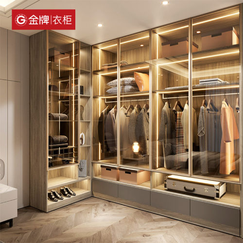 金牌衣柜玻璃门轻奢衣帽间家具全屋定制家用卧室整体柜子