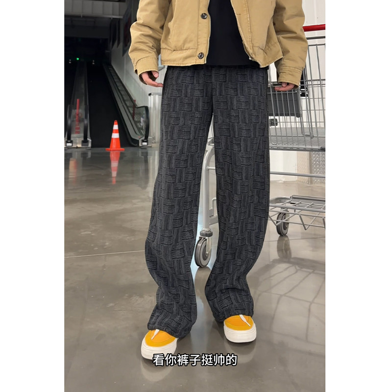扎染格纹休闲裤子男宽松阔腿卫裤图片