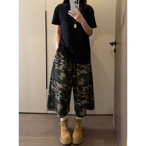 美式潮牌水洗迷彩七分裤男阔腿裤
