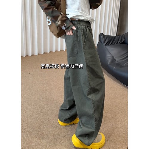 水洗纯棉工装裤男宽松阔腿休闲裤