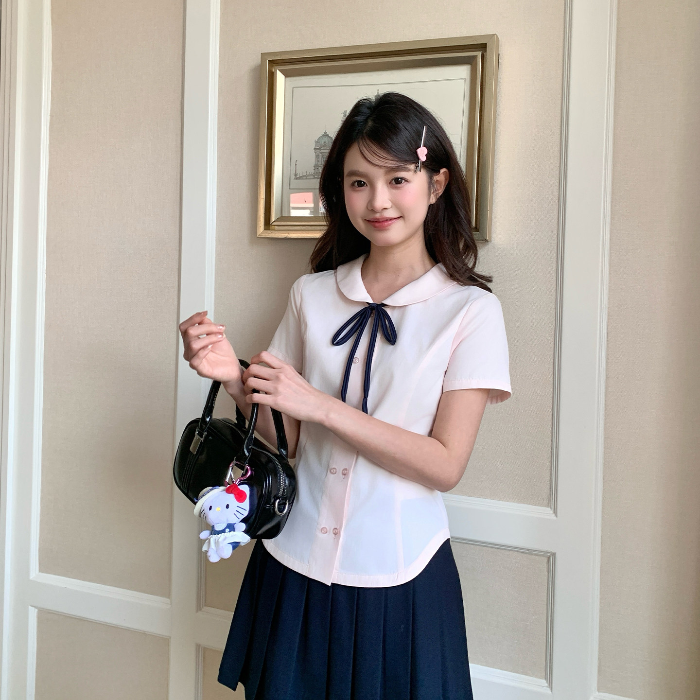 东京岁时记jk制服粉色短袖衬衫女夏温柔甜美小个子气质娃娃领上衣