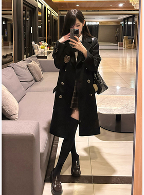 东京岁时记jk大衣学院风毛呢外套长款黑色双排扣毛绒大衣津南女大
