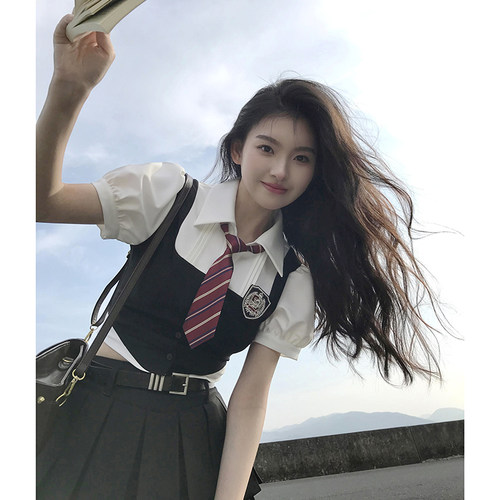 学院风假两件短袖衬衫修身新款