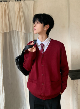 东京岁时记dk秋冬新款酒红色V领毛衣男长袖宽松时尚针织开衫外套