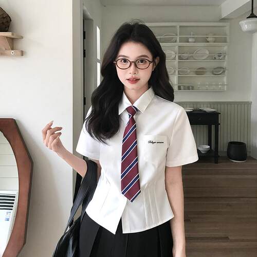 jk衬衫短袖女上衣小个子收腰