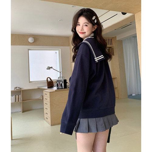 学院风绀色海军领外套
