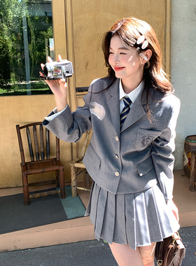 灰色气质jk制服西装裙套装校供学院风西服外套女两件套东京岁时记