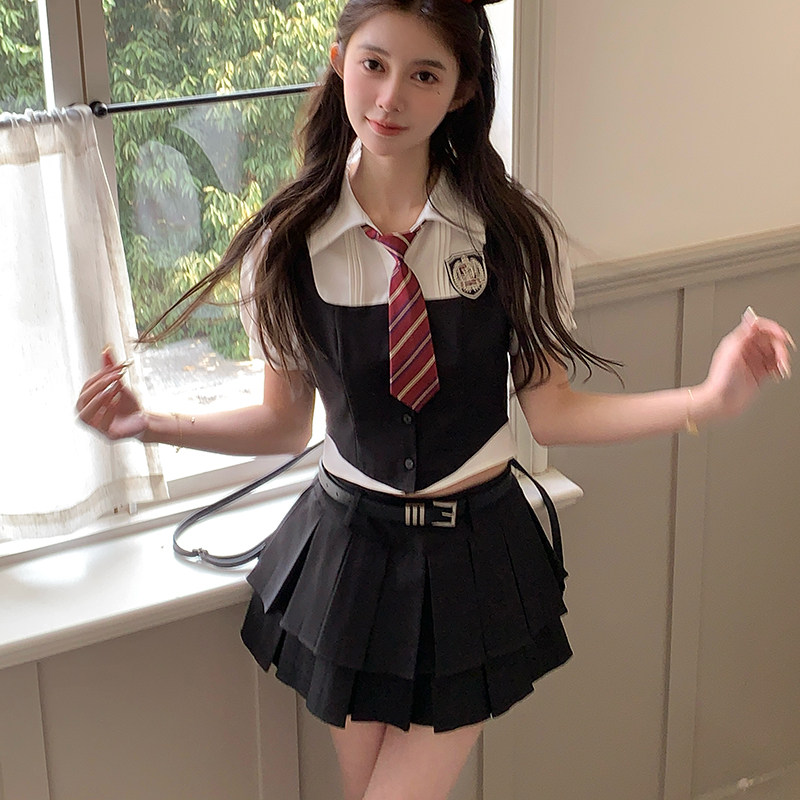 惠子小姐学院风制服套装假两件衬衫短袖半身裙两件套东京岁时记JK - 实物图