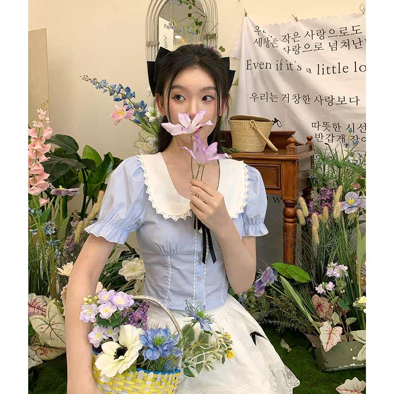 泡泡袖收腰短袖衬衫春日私语