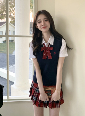 东京岁时记jk红色格裙小个子高腰短裙半身裙女夏马甲背心制服套装