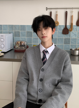 东京岁时记dk秋冬新款校供感灰色针织开衫毛衣长袖男学院风外套