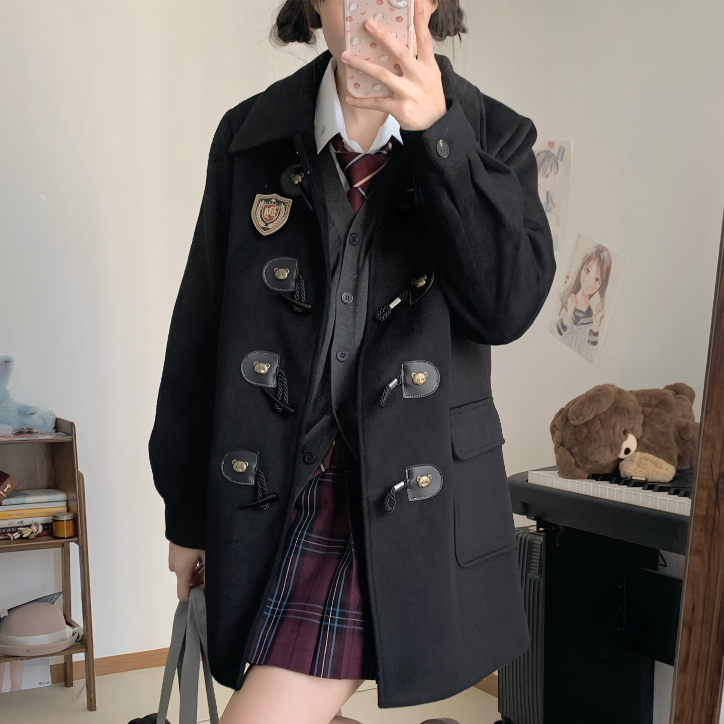 东京岁时记jk秋冬学院风黑色毛呢大衣女中长款日系减龄牛角扣外套,模玩/动漫/周边/娃圈三坑/桌游,JK制服/DK制服/学生装cos,淘宝优惠券,粉丝福利购,淘宝优惠卷