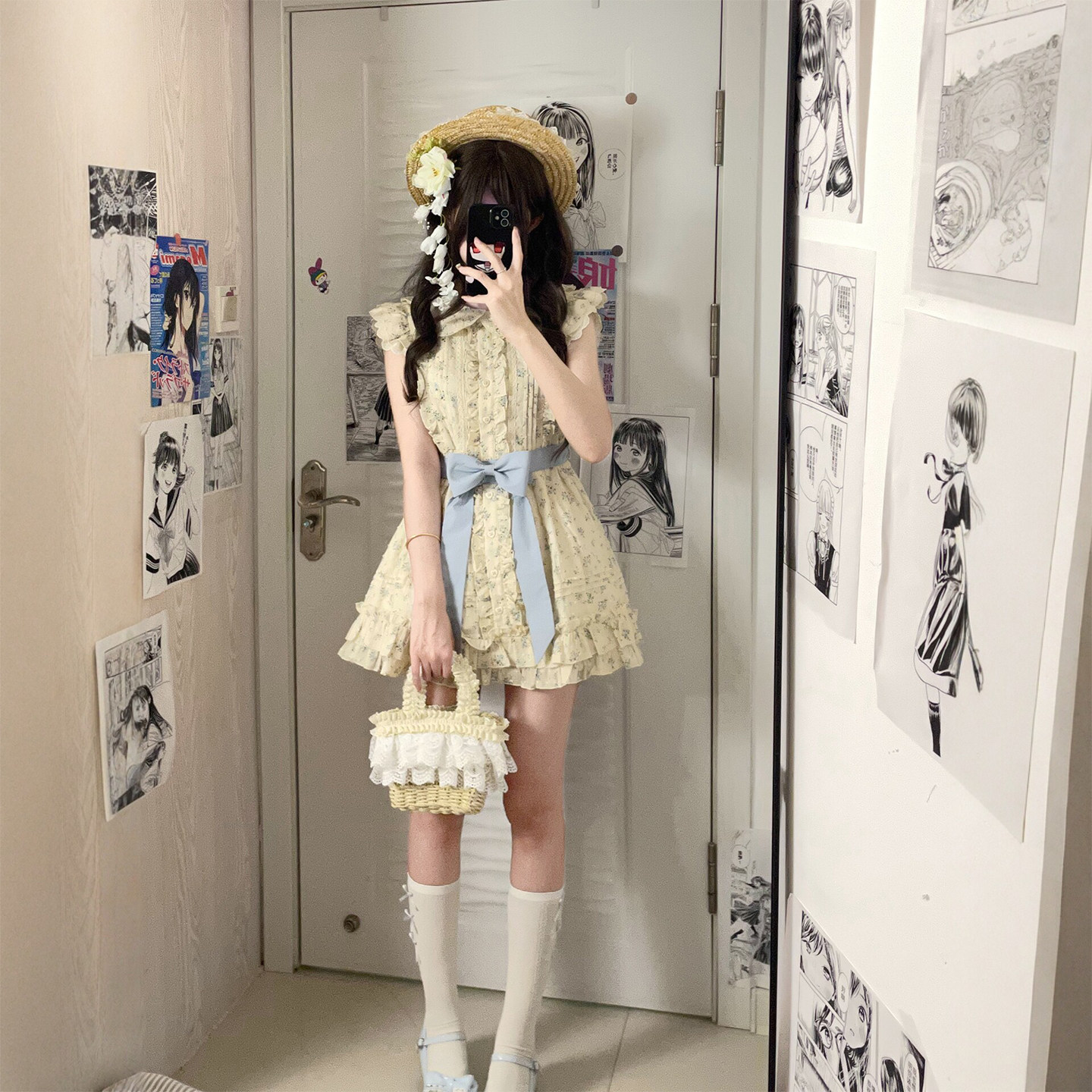 东京岁时记JK蓝色碎花连衣裙女夏小个子裙子蝴蝶结公主裙桃之夭夭