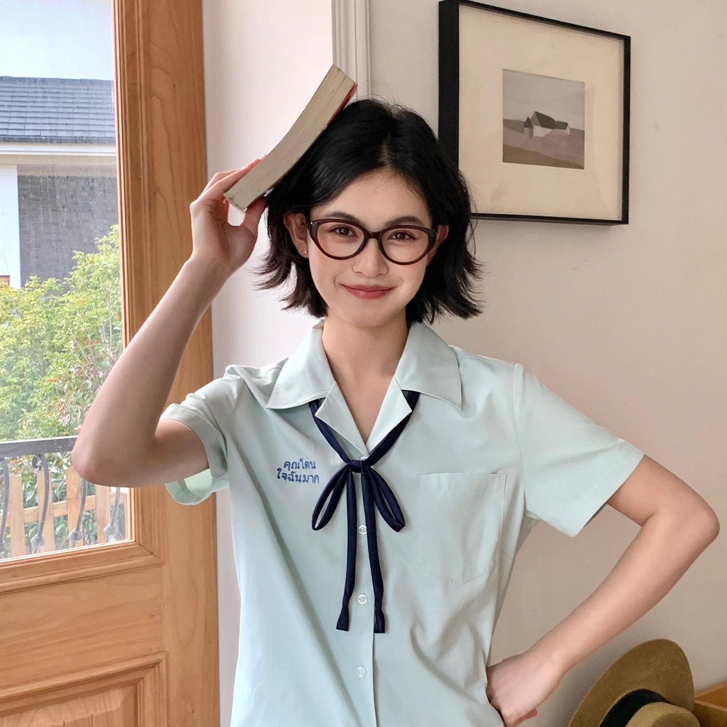 东京岁时记jk原创设计泰式衬衫女夏学院风绿色西装领短袖制服套装