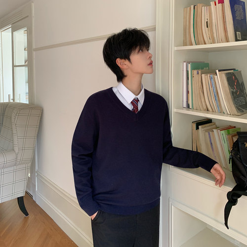 dk秋冬新款藏青色V领套头毛衣