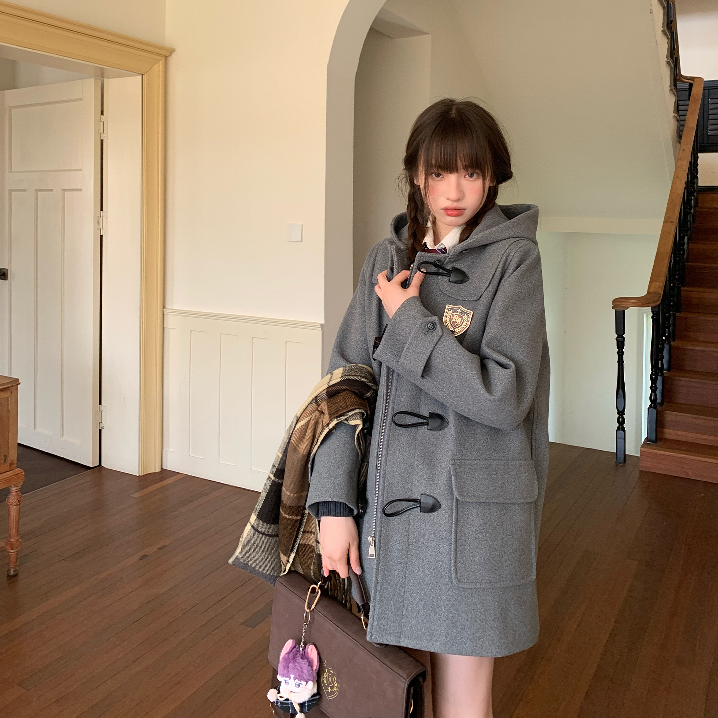 小个子灰色日系毛呢连帽外套中长