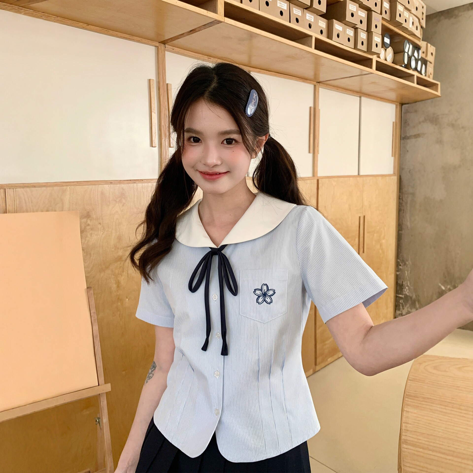 东京岁时记jk制服夏季蓝色条纹短袖衬衫女日系可爱娃娃领上衣