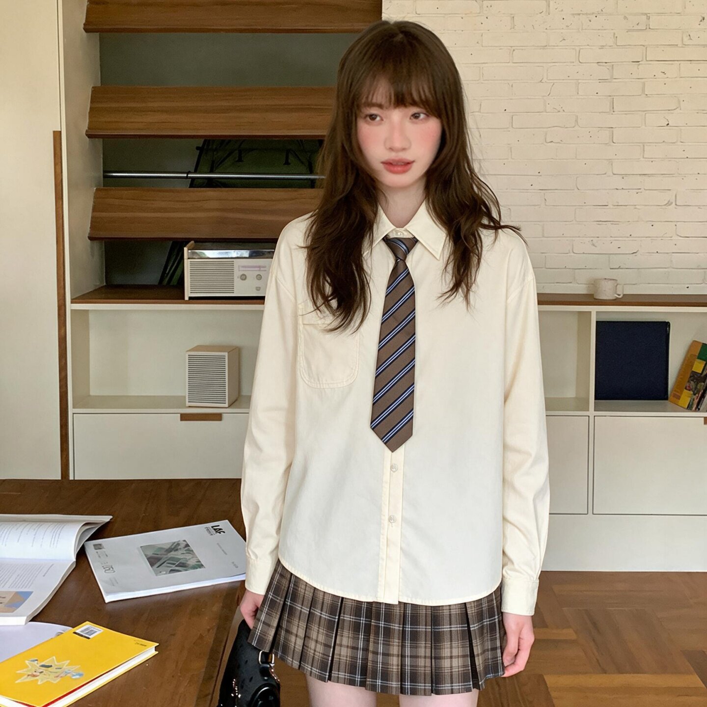 东京岁时记jk米色长袖衬衫小个子百搭学院风宽松上衣秋季女士衬衣