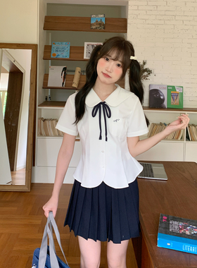 东京岁时记jk短袖女士衬衫白色收腰娃娃领上衣小个子新款衬衣夏季