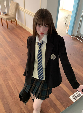 藤川中jk黑色西装外套春秋原创学院风西服套装校供感格纹百褶短裙