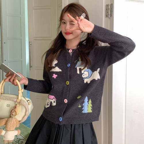 东京岁时记灰色针织小狗毛衣开衫