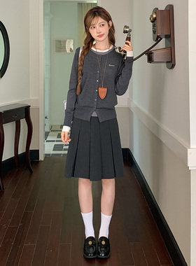 东京岁时记jk灰色假三件开衫外套小个子长袖毛衣针织衫短裙套装女