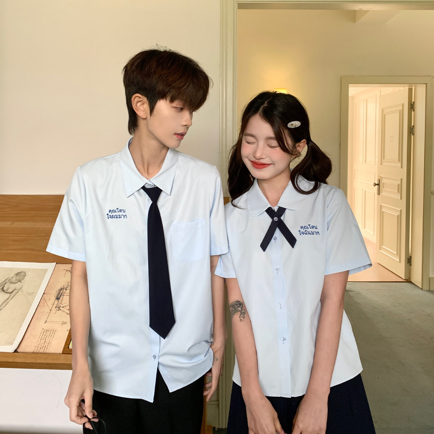 东京岁时记jk情侣泰式校园蓝色短袖制服衬衫女夏毕业季学院风套装