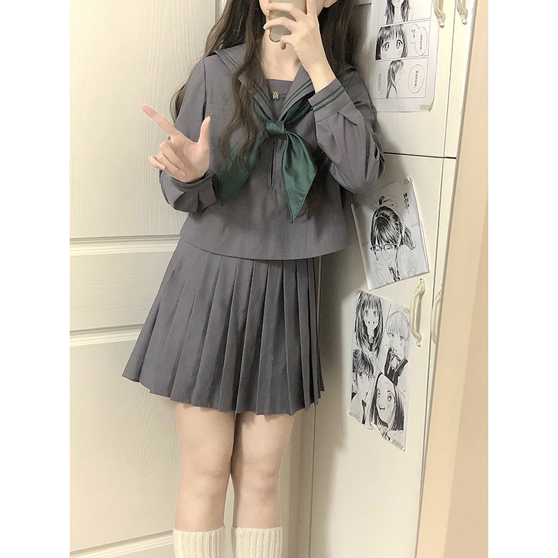 灰色绿带水手服学院风制服日系