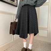 东京岁时记JK秋冬新款 纯色格子半身裙女复古显瘦学院风黑棕格长裙