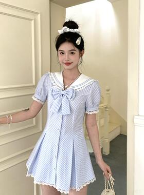 东京岁时记jk小个子夏季连衣裙2026新款水手领蓝色格子连衣裙女夏