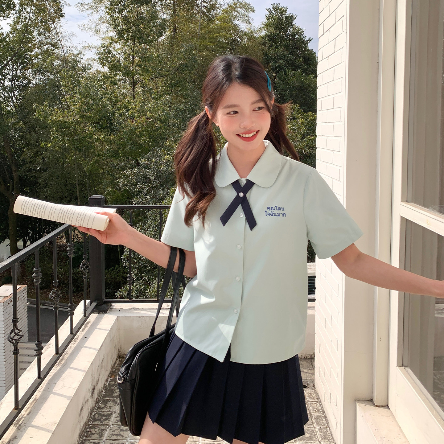 东京岁时记jk制服学院风绿色短袖衬衫女夏小个子百搭休闲校服套装