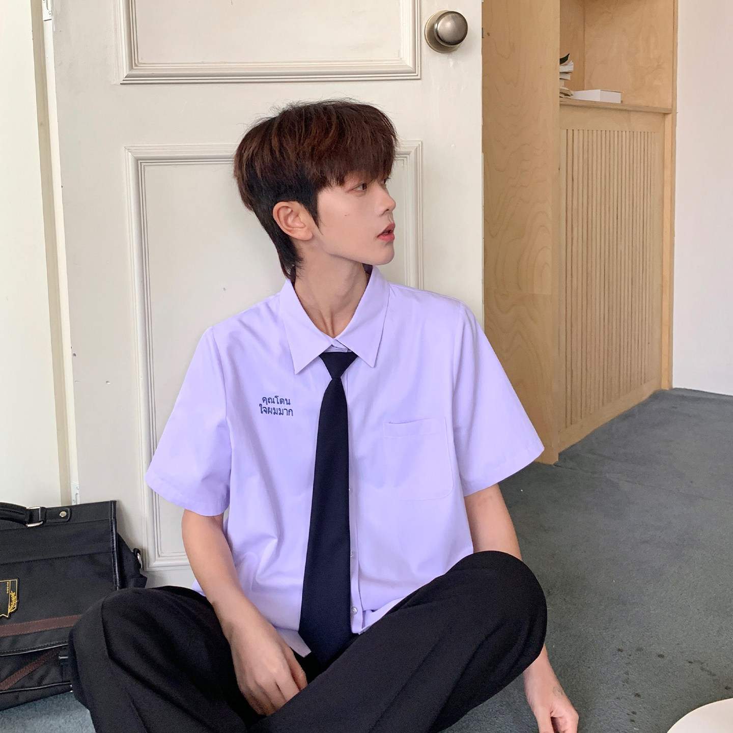 东京岁时记dk泰式学院风紫色衬衫男夏季校园休闲百搭短袖制服套装