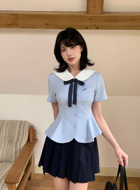 东京岁时记jk夏季蓝色花苞水手服女小个子甜美学院风短袖上衣